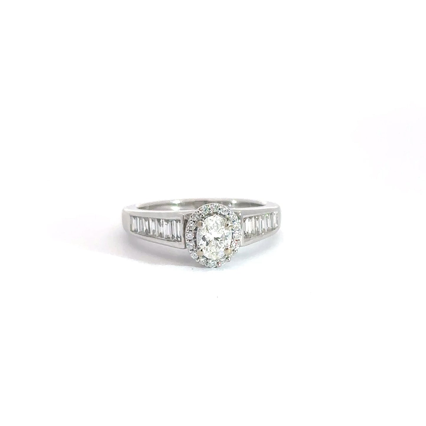 14k White Gold Oval & Baguette Diamond Ring .90cttw