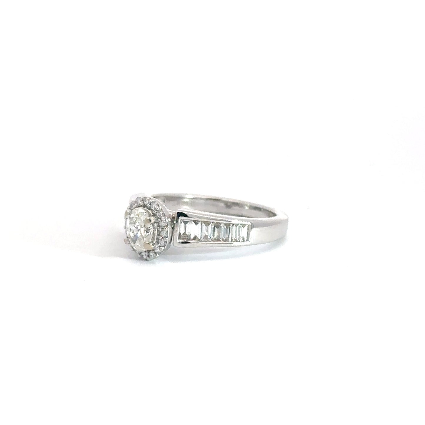 14k White Gold Oval & Baguette Diamond Ring .90cttw