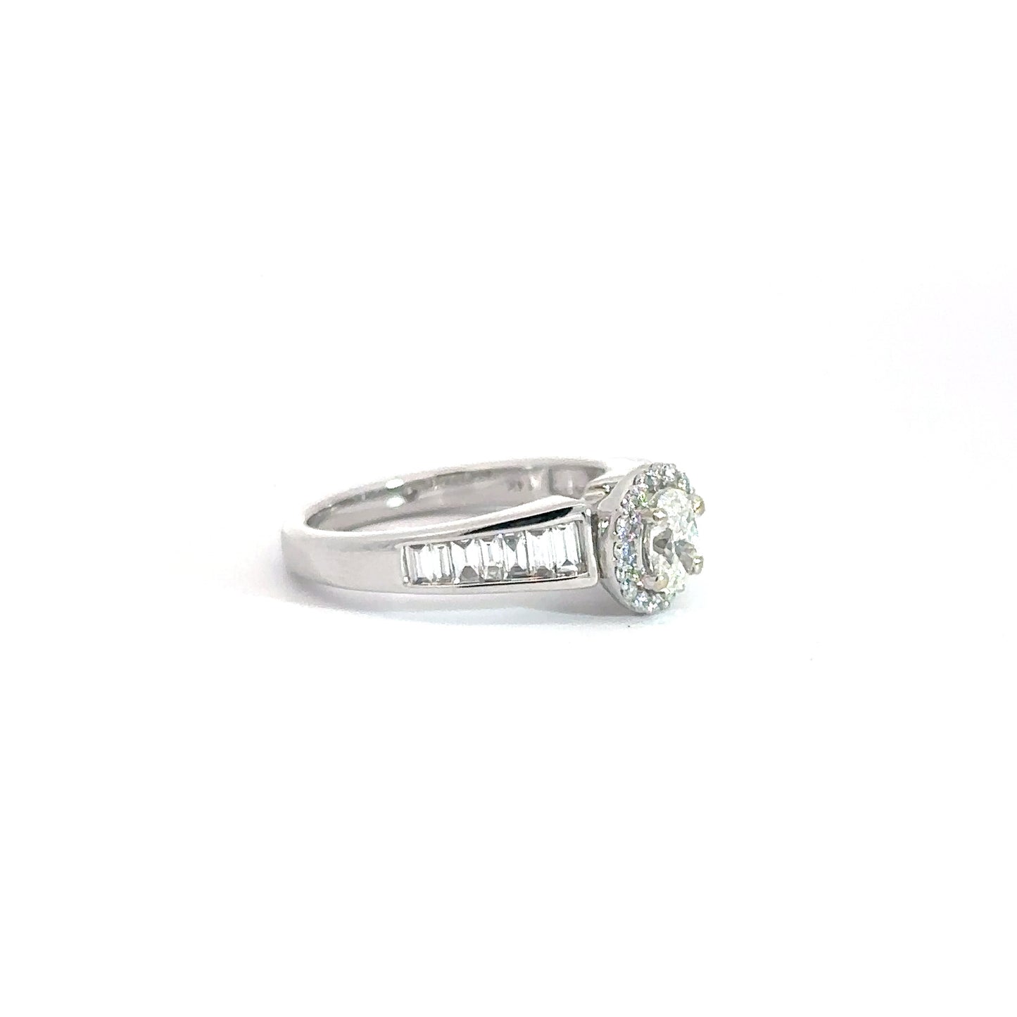 14k White Gold Oval & Baguette Diamond Ring .90cttw