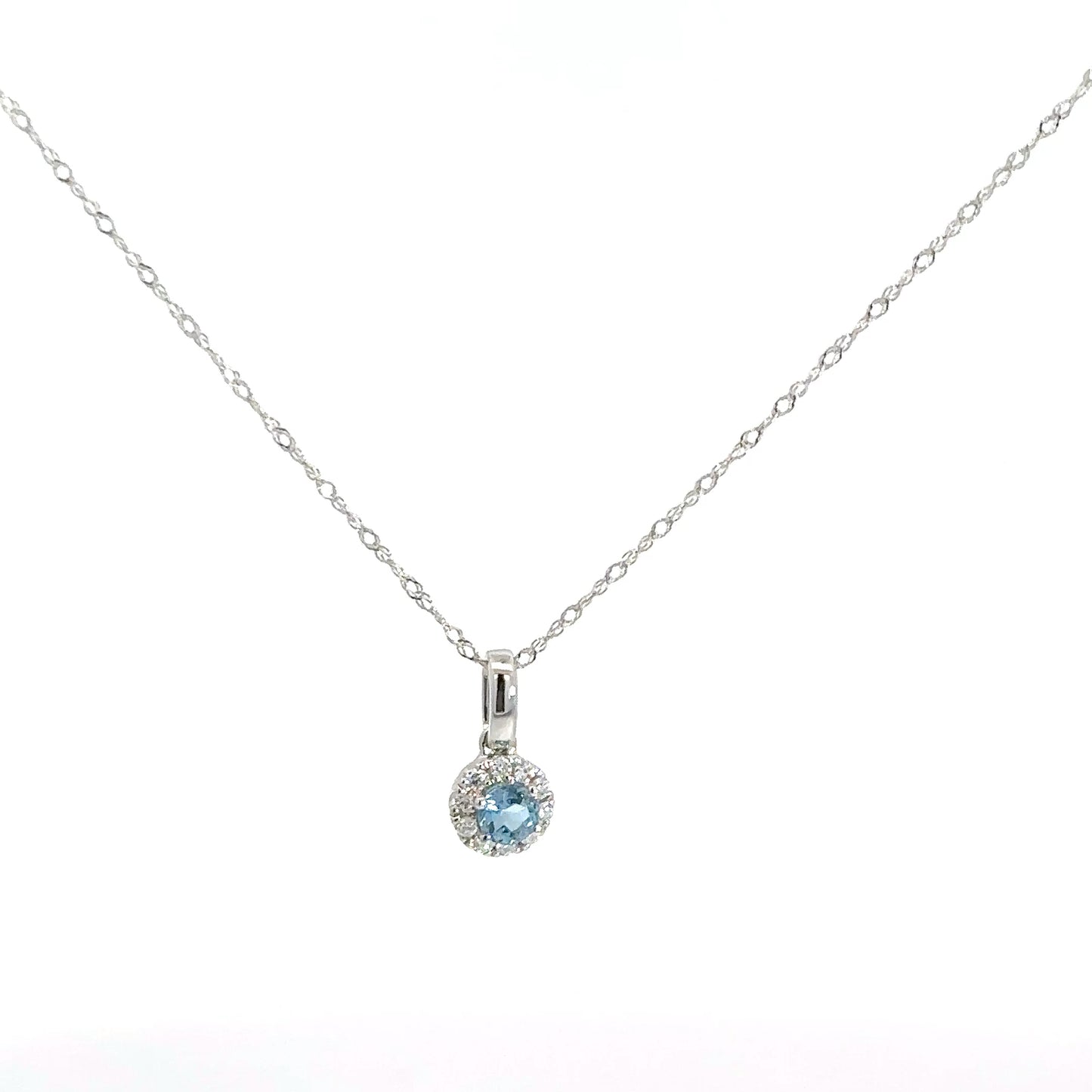 14k White Gold Blue Topaz & Diamond Halo Pendant