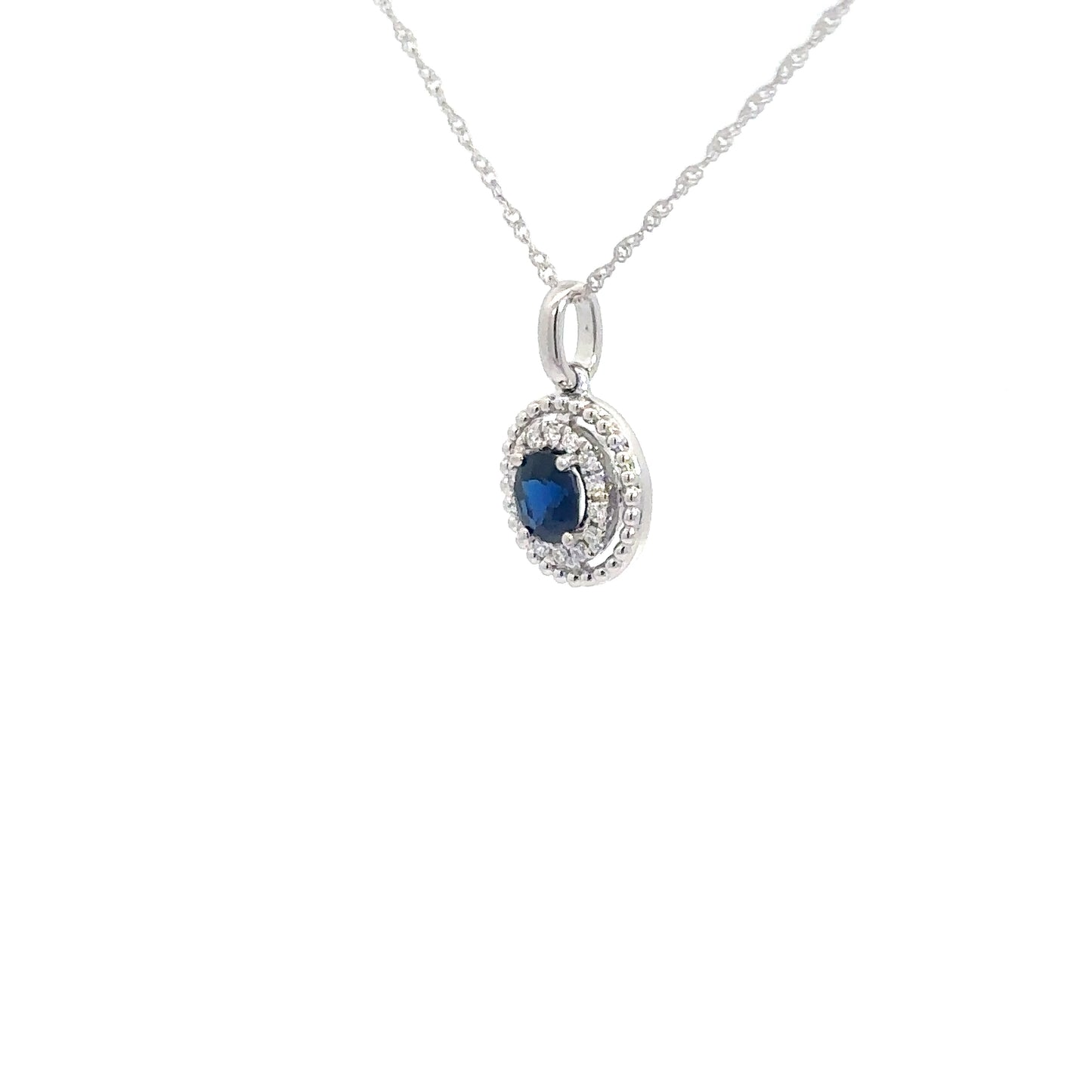 14k White Gold Sapphire & Diamond Halo Pendant