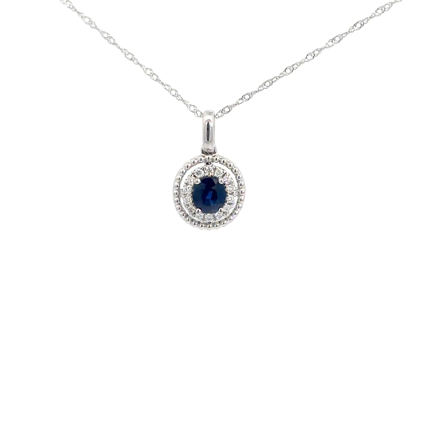 14k White Gold Sapphire & Diamond Halo Pendant