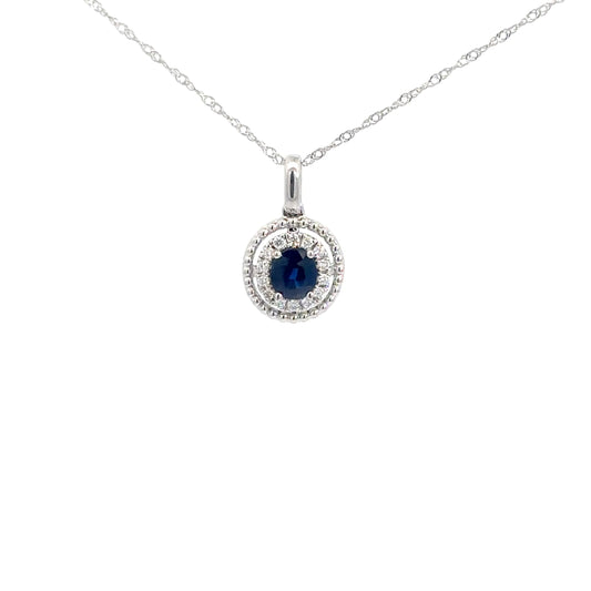 14k White Gold Sapphire & Diamond Halo Pendant