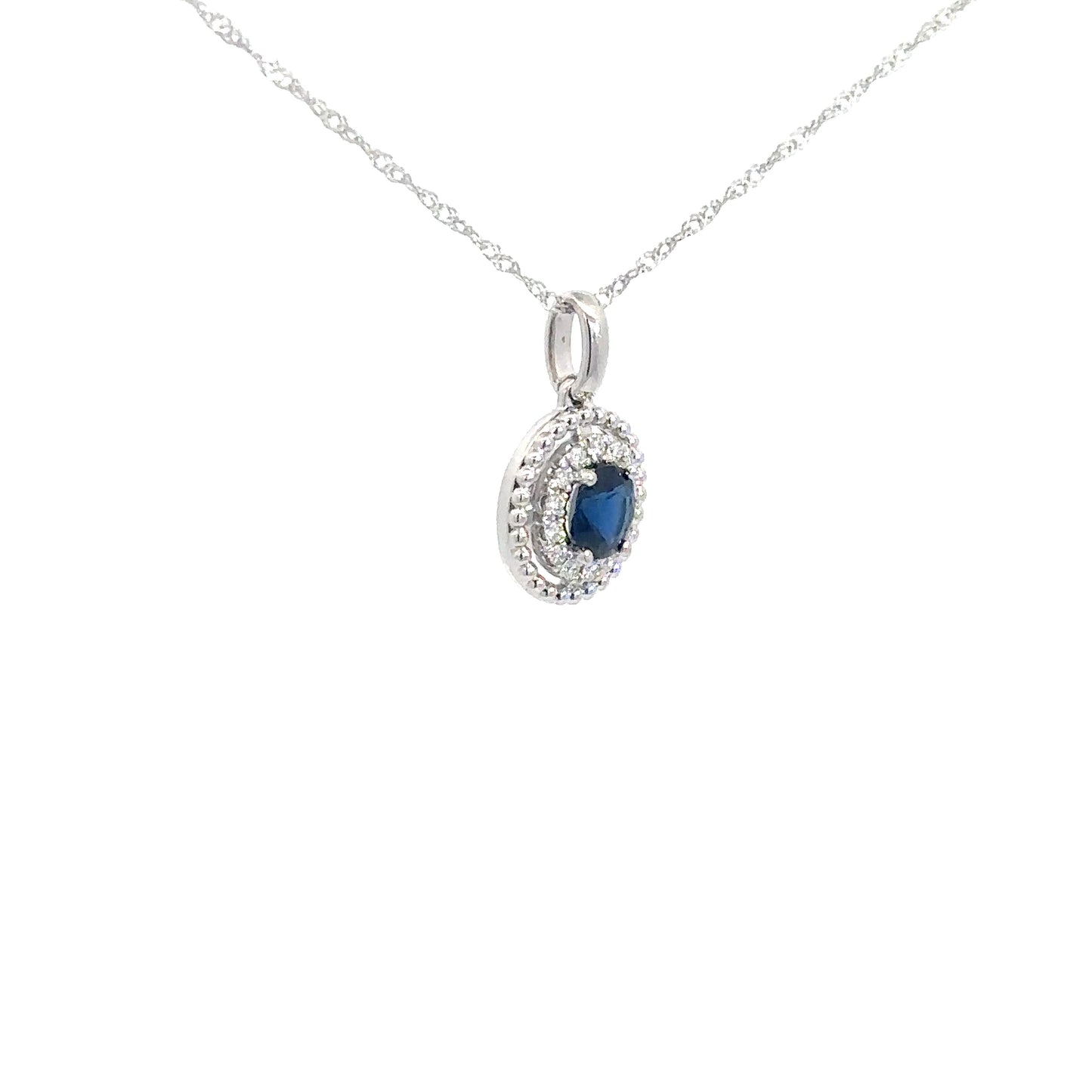 14k White Gold Sapphire & Diamond Halo Pendant