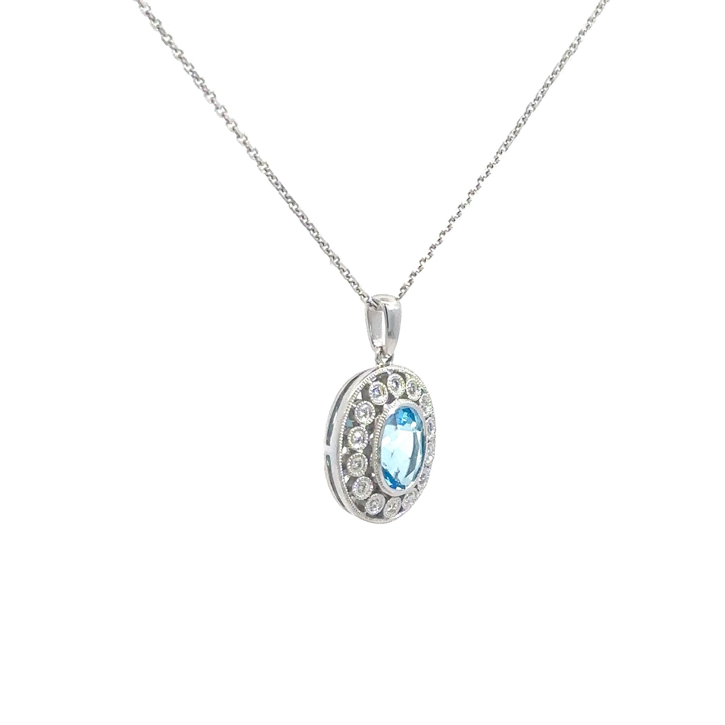 14k White Gold Blue Topaz & Diamond Pendant