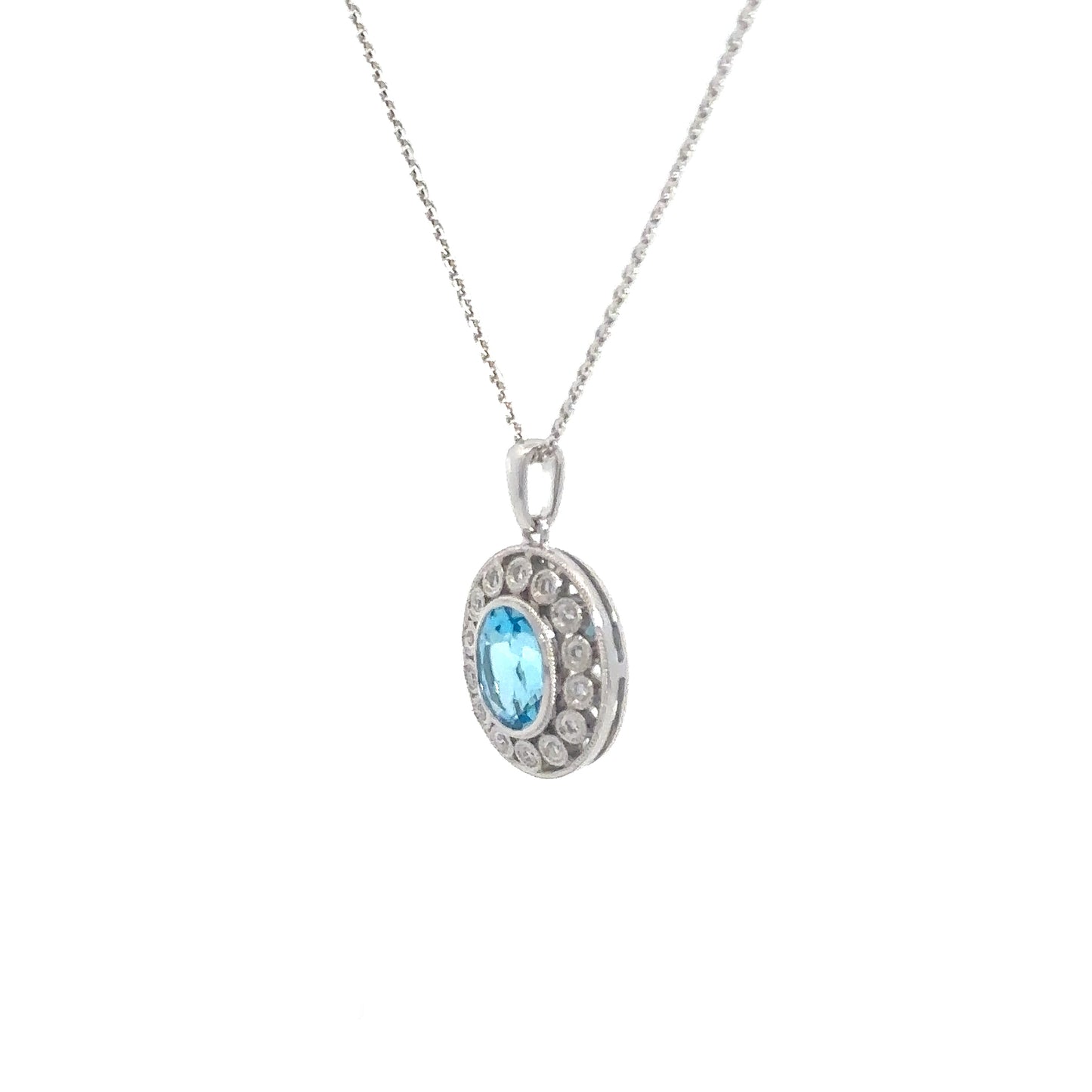 14k White Gold Blue Topaz & Diamond Pendant
