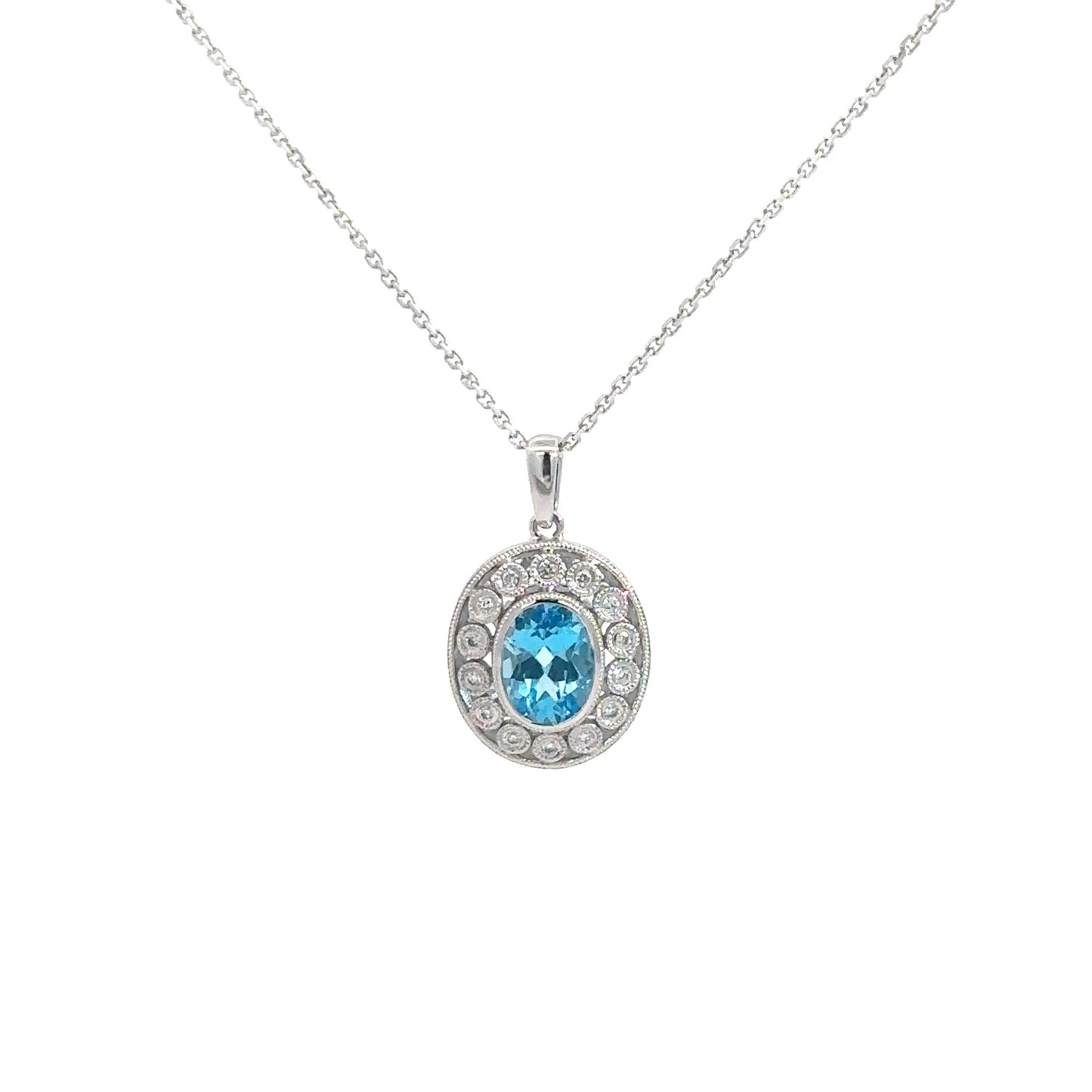 14k White Gold Blue Topaz & Diamond Pendant