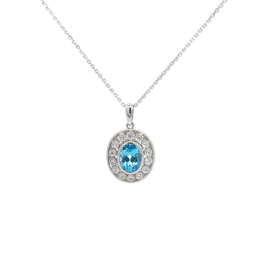 14k White Gold Blue Topaz & Diamond Pendant