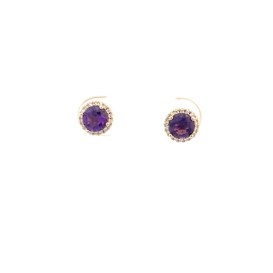 14k Yellow Gold Amethyst and Diamond Studs .07cttw