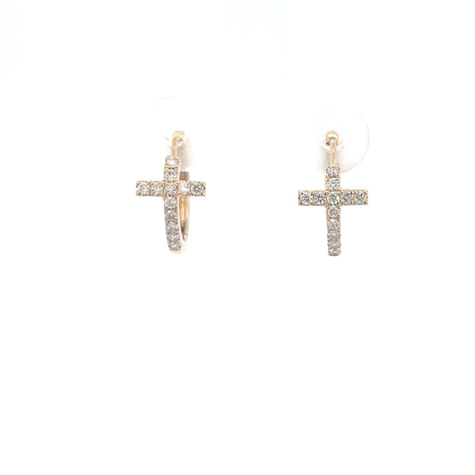 14k Yellow Gold Diamond Cross Hoops .24cttw
