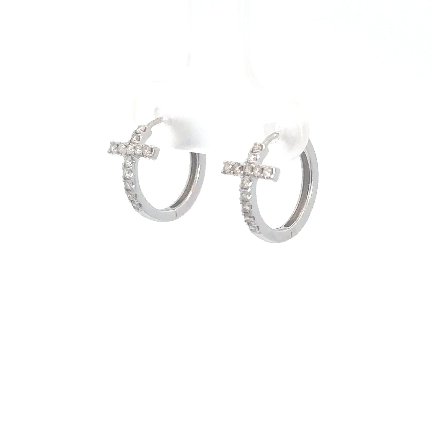 14k White Gold Diamond Cross Hoop Earrings .21cttw