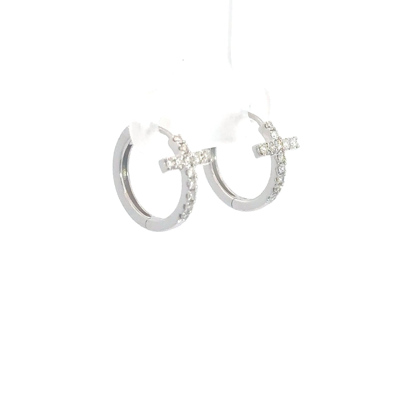 14k White Gold Diamond Cross Hoop Earrings .21cttw