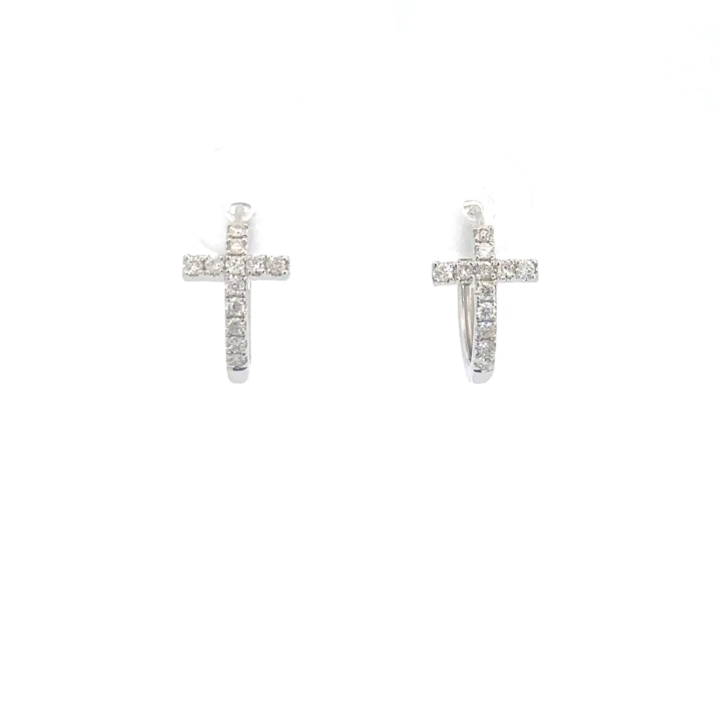14k White Gold Diamond Cross Hoop Earrings .21cttw
