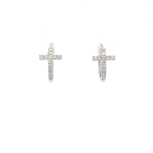 14k White Gold Diamond Cross Hoop Earrings .21cttw