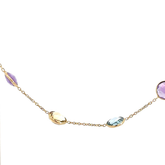 14k Yellow Gold Citrine , Amethyst , and Blue Topaz Necklace