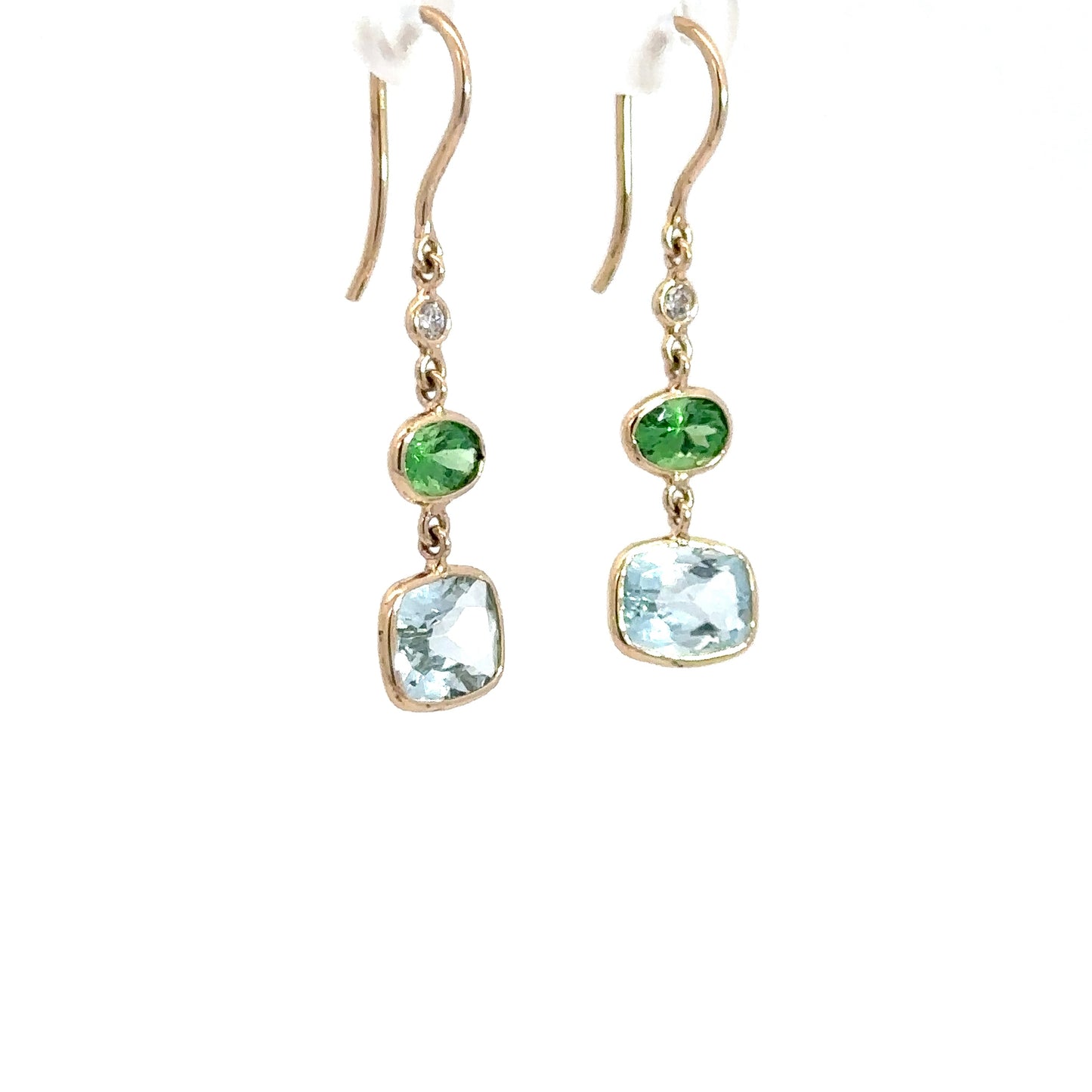 14k Yellow Gold Diamond, Tsavorite, & Aquamarine Dangle Earrings