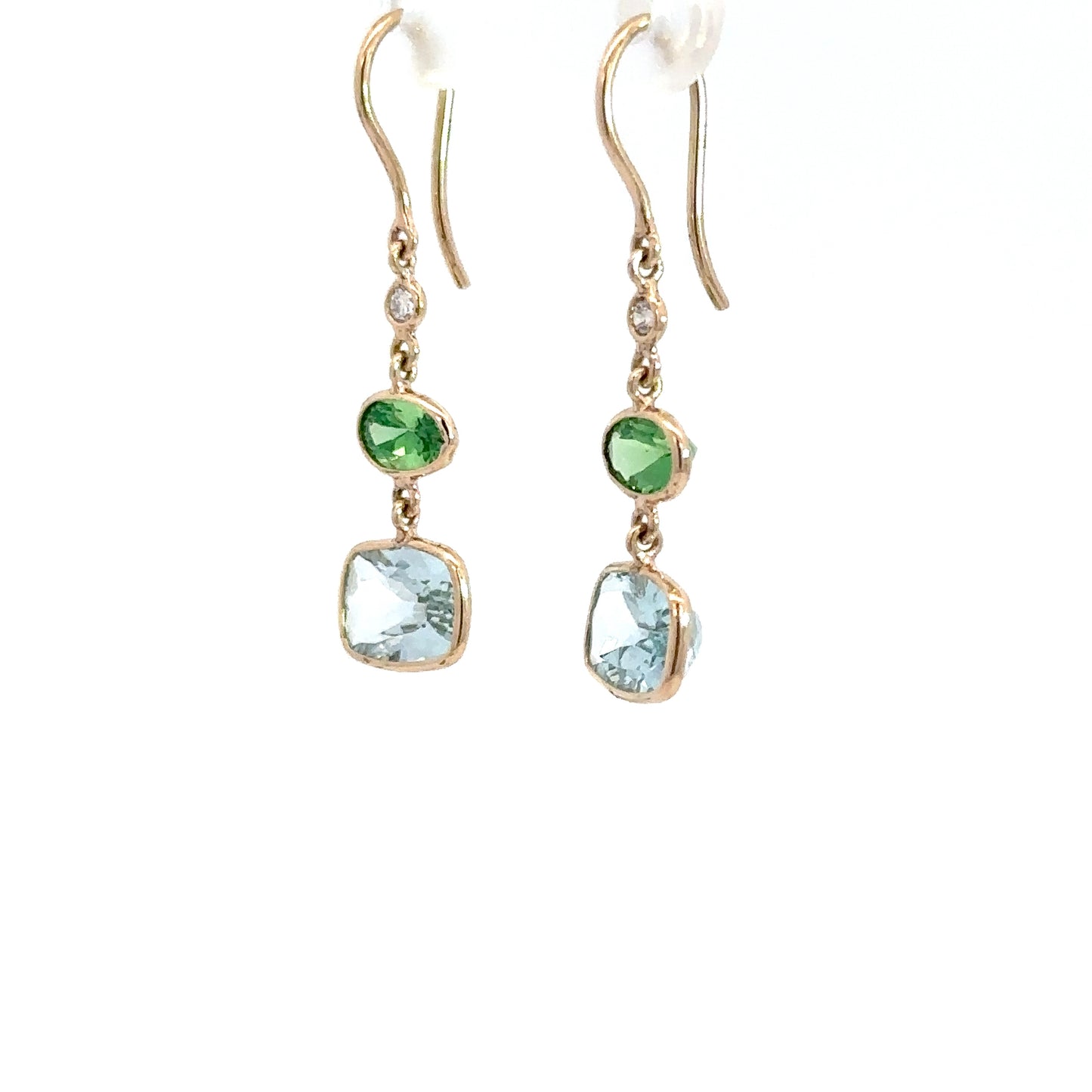14k Yellow Gold Diamond, Tsavorite, & Aquamarine Dangle Earrings