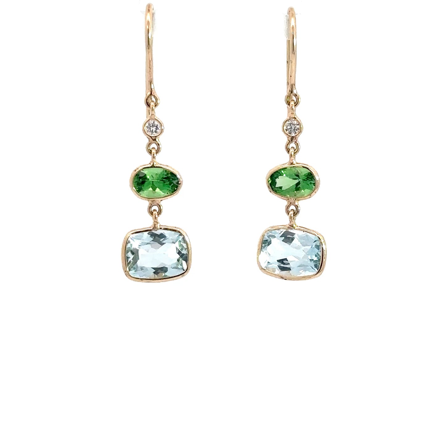 14k Yellow Gold Diamond, Tsavorite, & Aquamarine Dangle Earrings