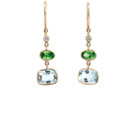 14k Yellow Gold Diamond, Tsavorite, & Aquamarine Dangle Earrings