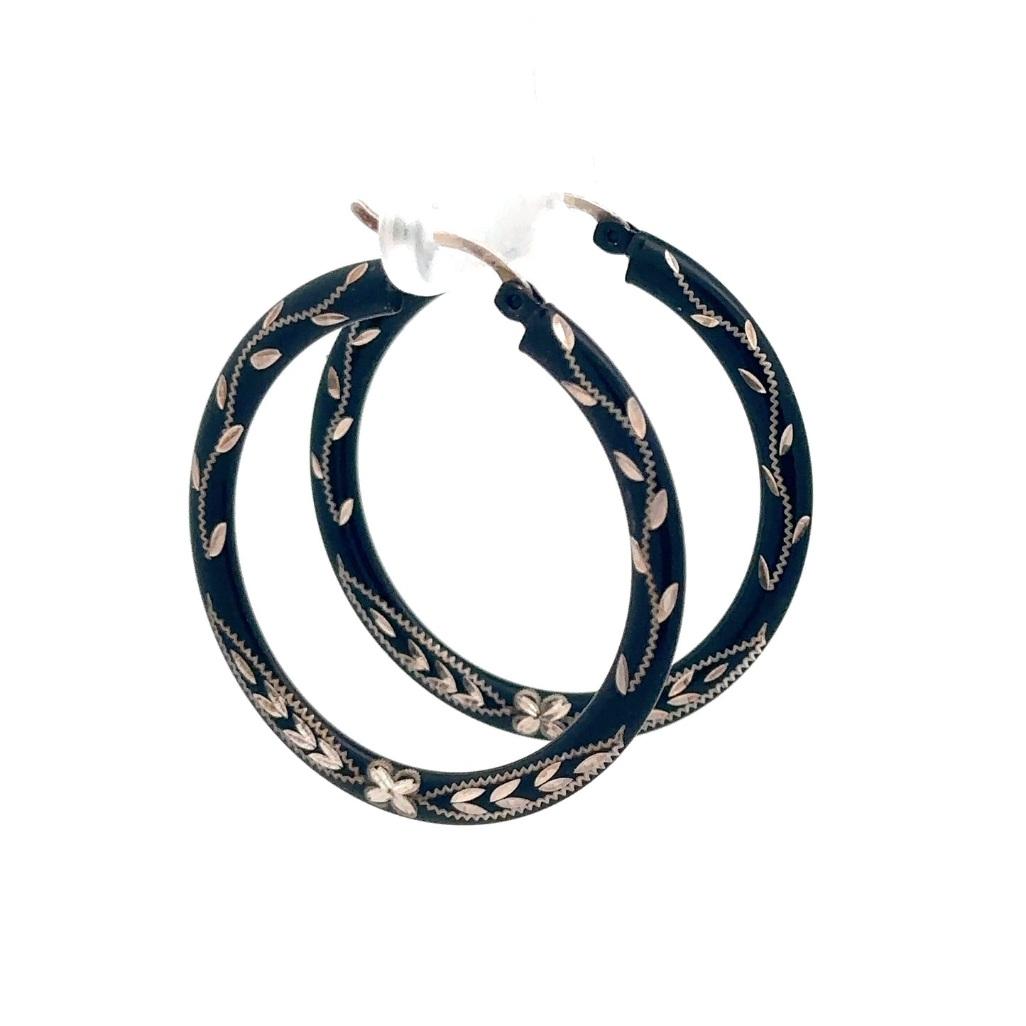 Sterling Silver Black Diamond Cut Hoops