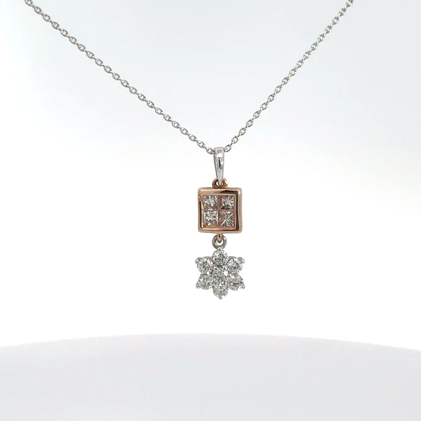 14k Two Toned 7/8cttw Square & Flower Pendant