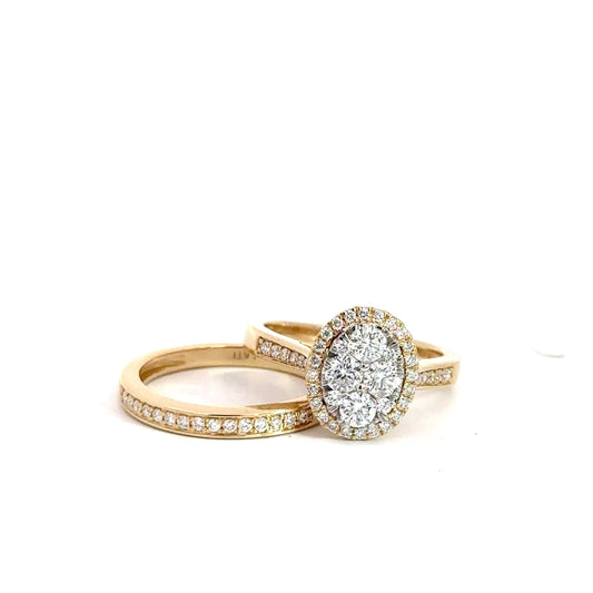 14k Yellow Gold Diamond Oval Cluster Bridal Set 1 1/5cttw