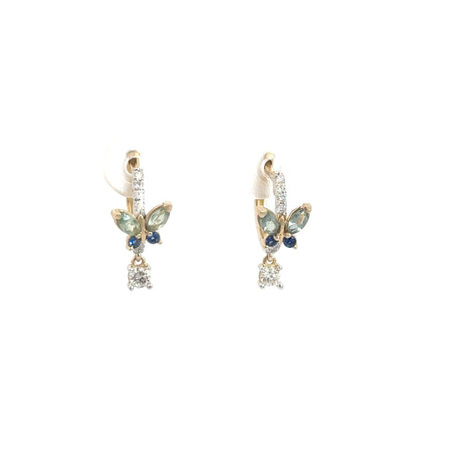 14k Yellow Gold Diamond & Sapphire Butterfly Earrings