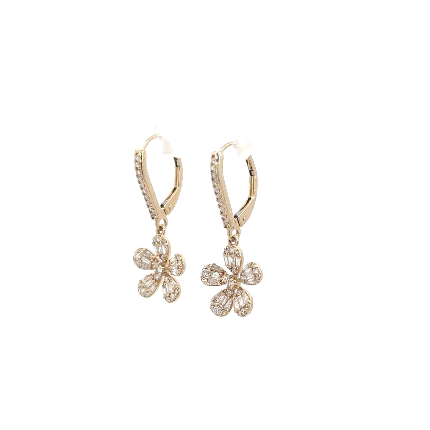 14k Yellow Gold Diamond Flower Dangle Earrings 1 1/8cttw