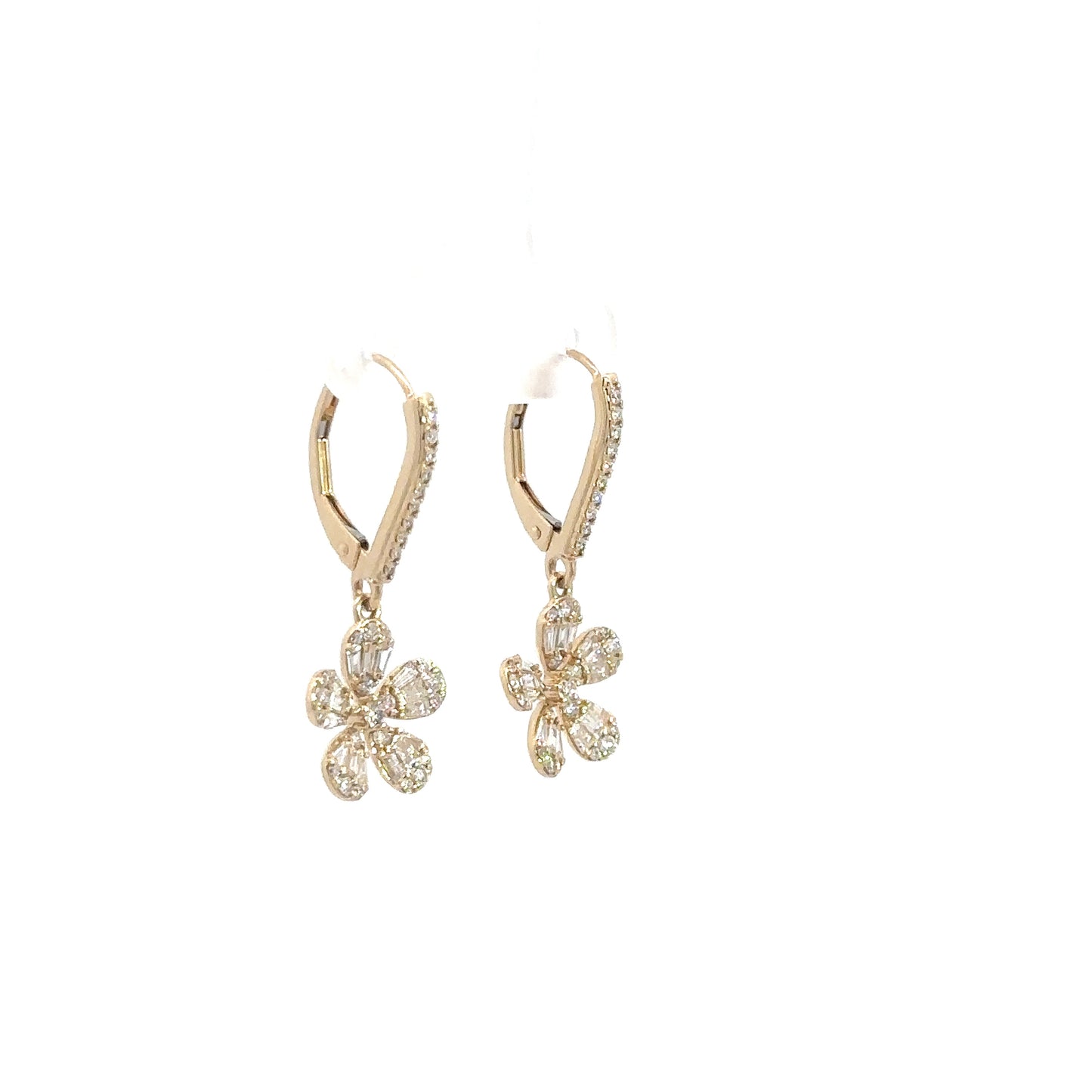 14k Yellow Gold Diamond Flower Dangle Earrings 1 1/8cttw