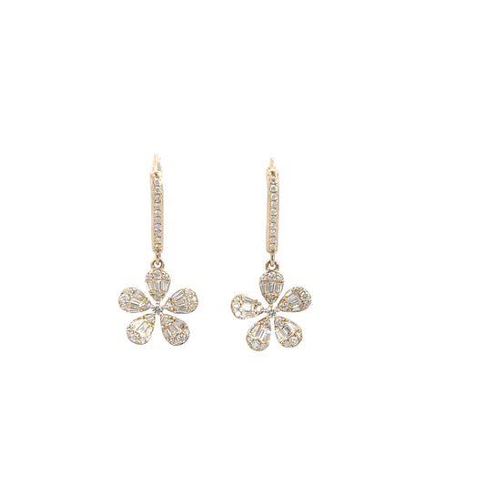 14k Yellow Gold Diamond Flower Dangle Earrings 1 1/8cttw