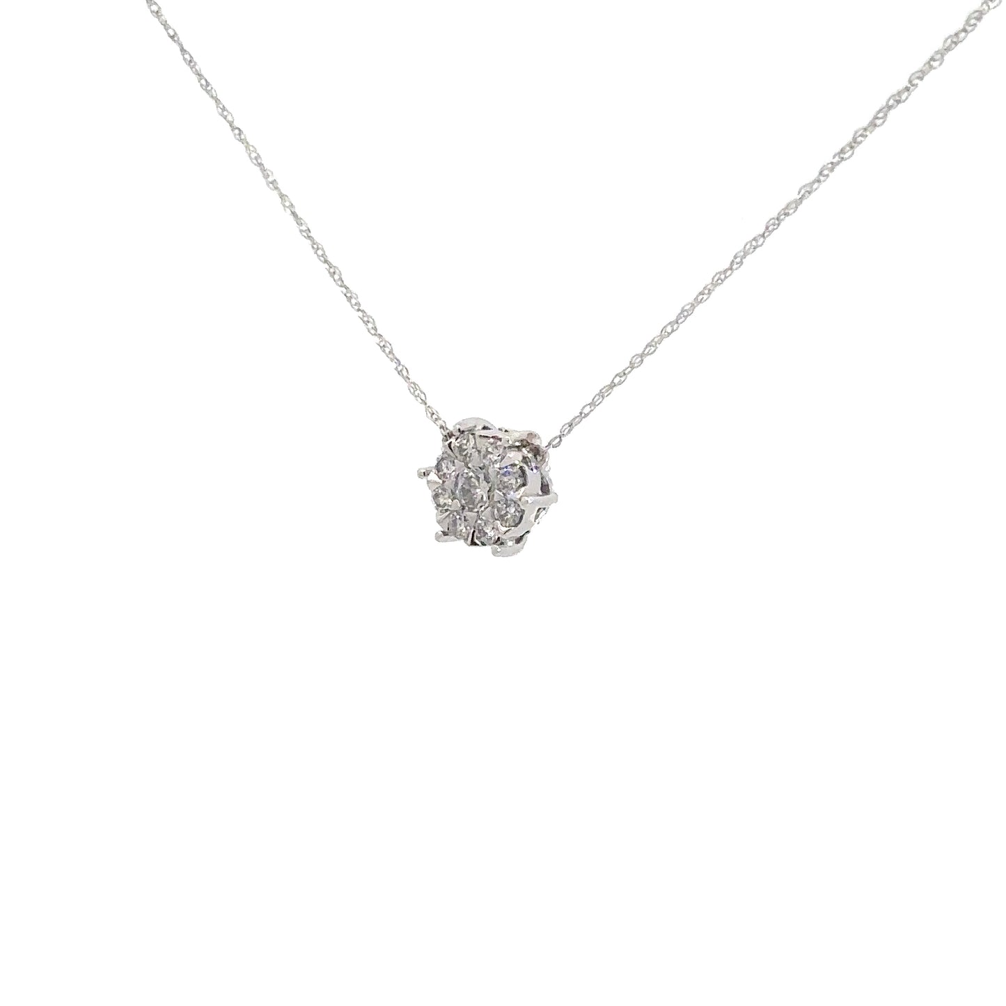 14k White Round Diamond Cluster Pendant