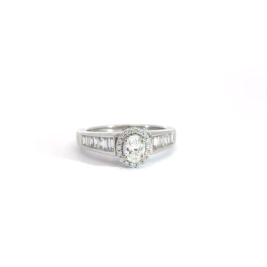 14k White Gold Oval & Baguette Diamond Ring .90cttw