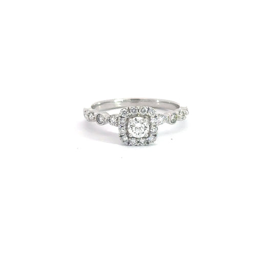 14k White Gold Round Diamond With Square Halo .75cttw Engagement Ring