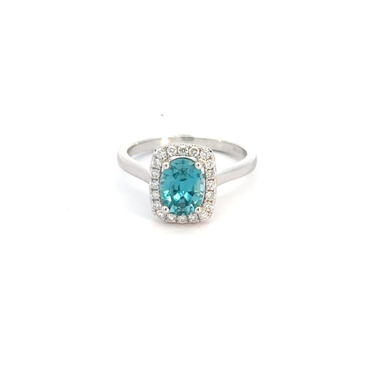 14k White Gold Blue Zircon & Diamond Ring