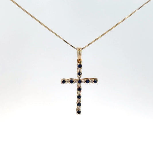 14k Yellow Gold Diamond & Sapphire Cross Pendant