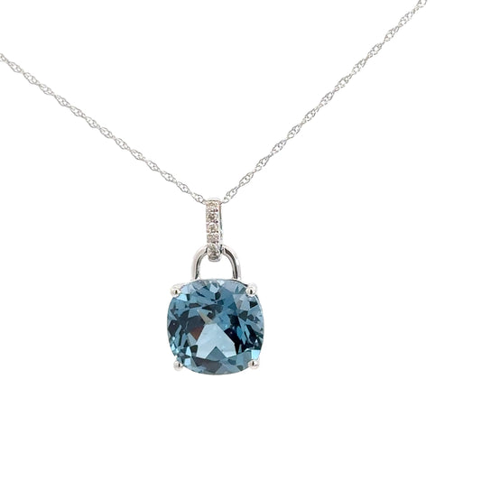 14k White Gold Blue Topaz & Diamond Pendant