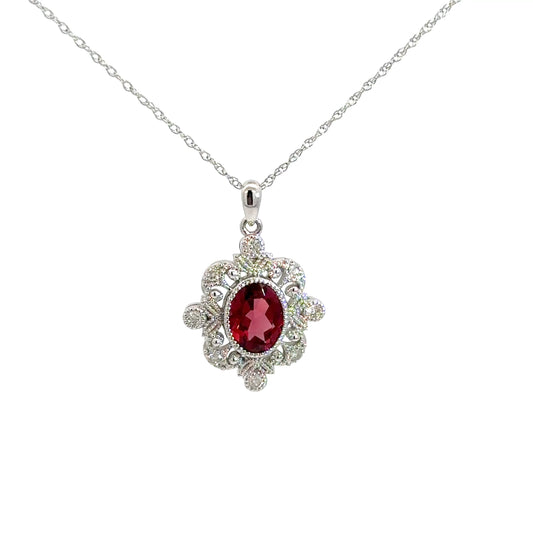14k White Gold Garnet & Diamond Pendant