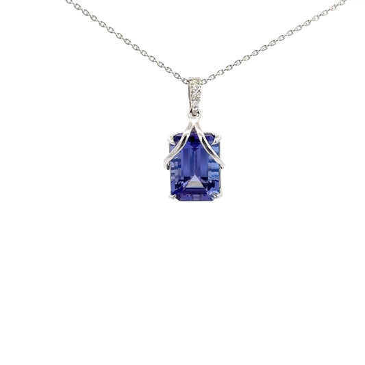 14k White Gold Emerald Cut & Diamond Tanzanite Pendant