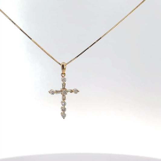 Yellow Gold Round & Baguette Diamond Cross .36cttw