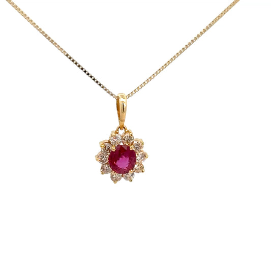 14k Yellow Gold Ruby & Diamond Halo Pendant