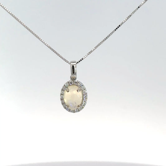 14k White Gold Diamond & Opal Pendant