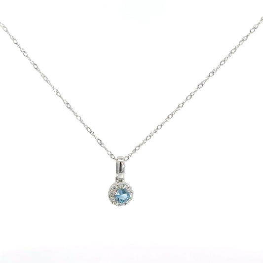 14k White Gold Blue Topaz & Diamond Halo Pendant