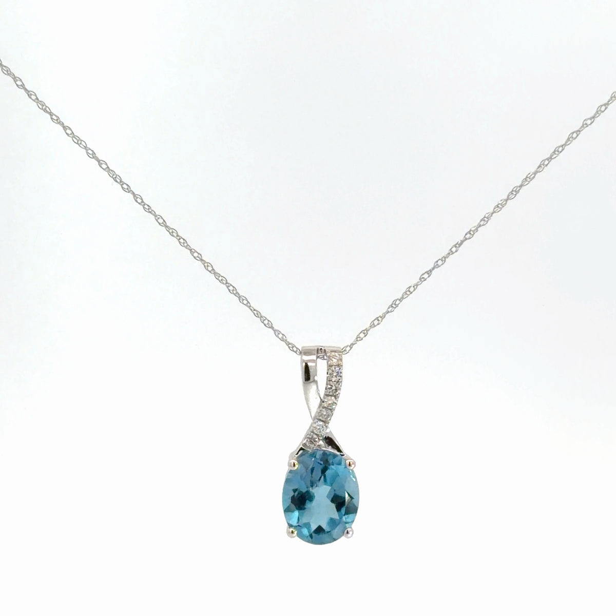 14k White Gold Diamond & Blue Topaz Pendant