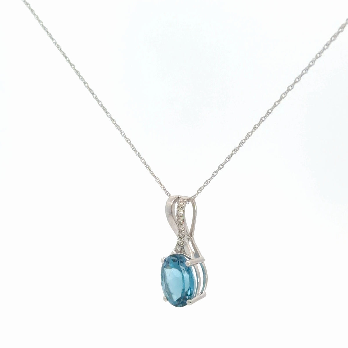 14k White Gold Diamond & Blue Topaz Pendant