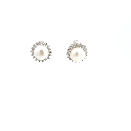 Lady's 14k White Gold Diamond & Pearl Earrings