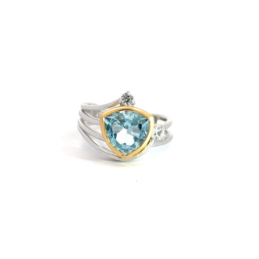 Two Toned Sterling Silver Blue & White Topaz Ring