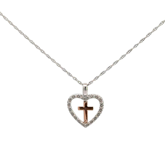Sterling Silver & 10k Rose Gold Heart/ Cross Pendant