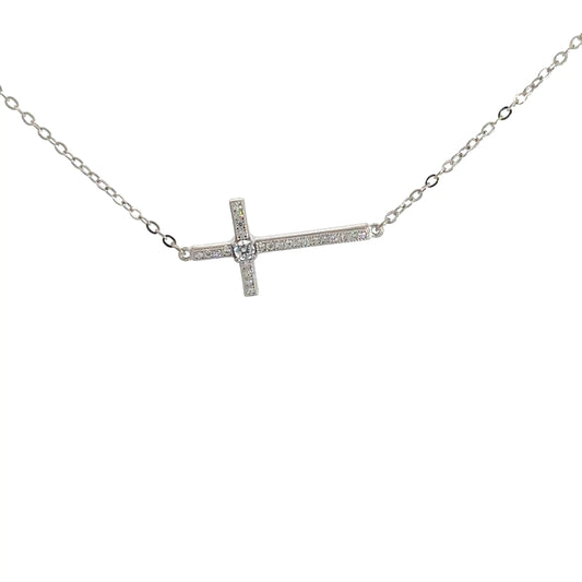Sterling Silver Simulated Diamond Cross Necklace