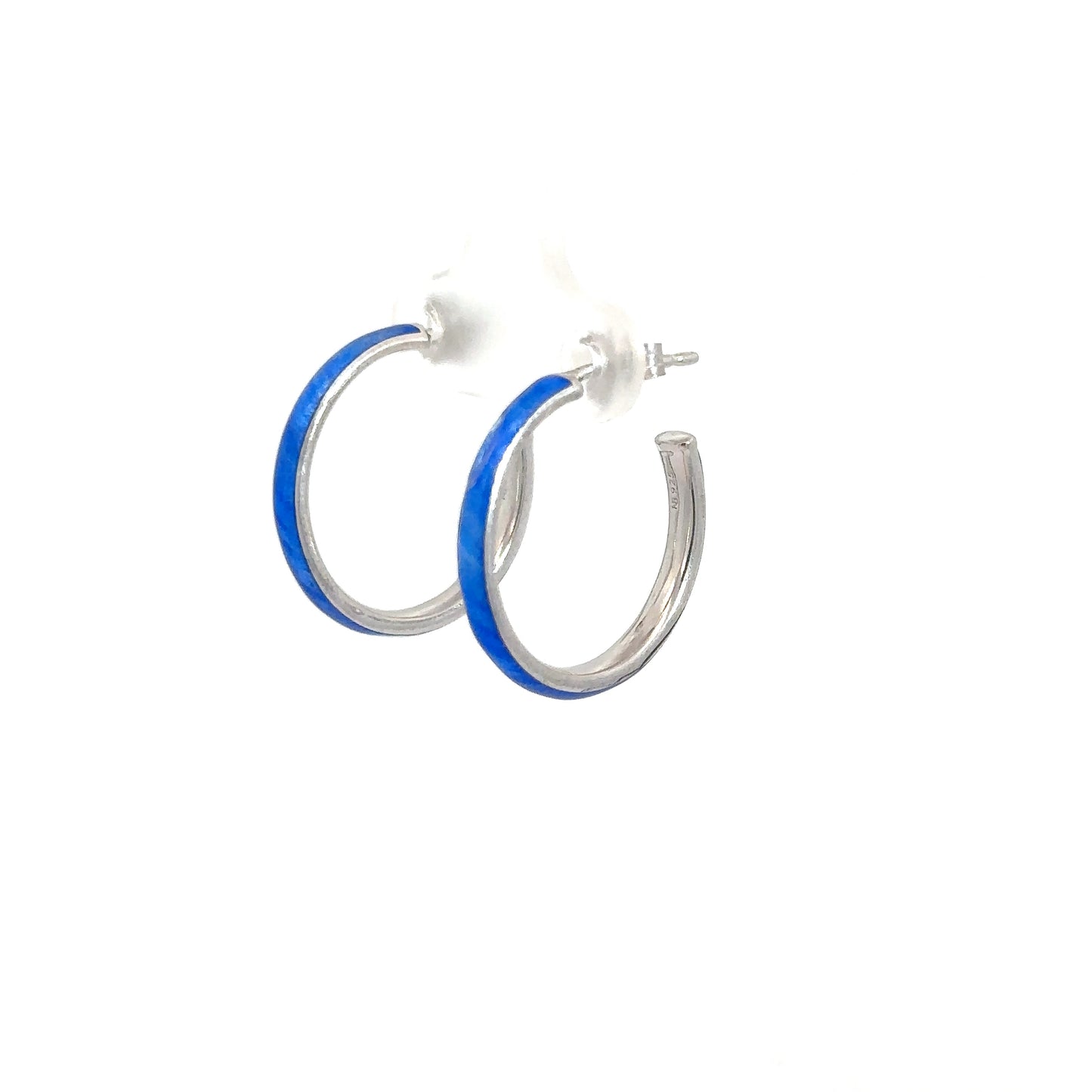 Sterling Silver Blue Enameled Hoop Earrings