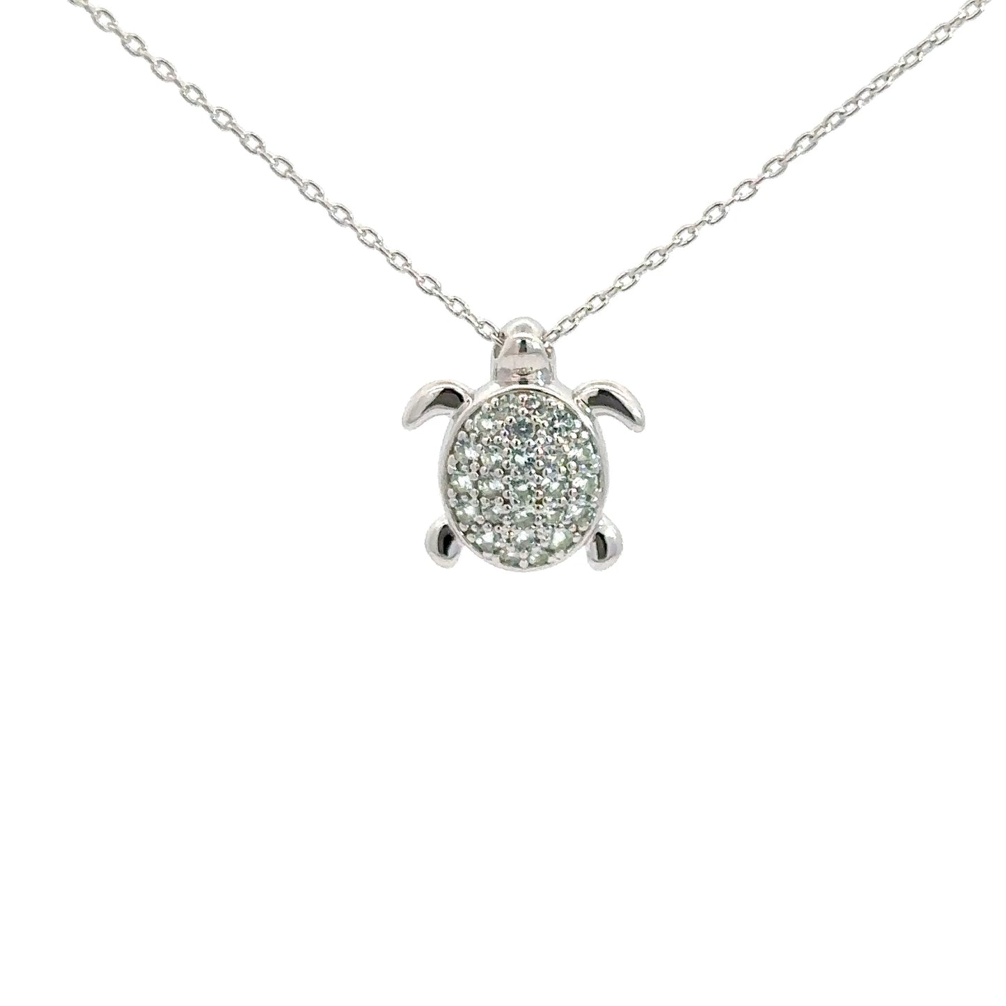 Sterling Silver Micro-Pave Green Aquamarine Turtle Pendant